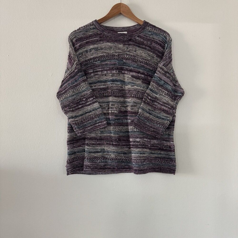 J Jill PM 100% Cotton Purple Knit Sweater Sleeve Crewneck Granny Cottagecore